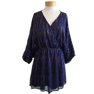 NEW Ciebon Blue Metallic Dolman Sleeve Surplice Cross Over Mini Dress M